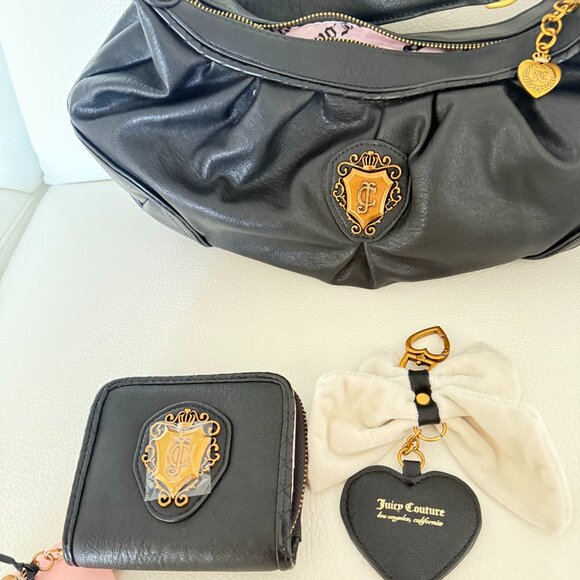 JUICY COUTURE JUICY ROMANCE HOBO BAG & WALLET BLACK BEIGE BOW KEY FOB - Picture 6 of 9